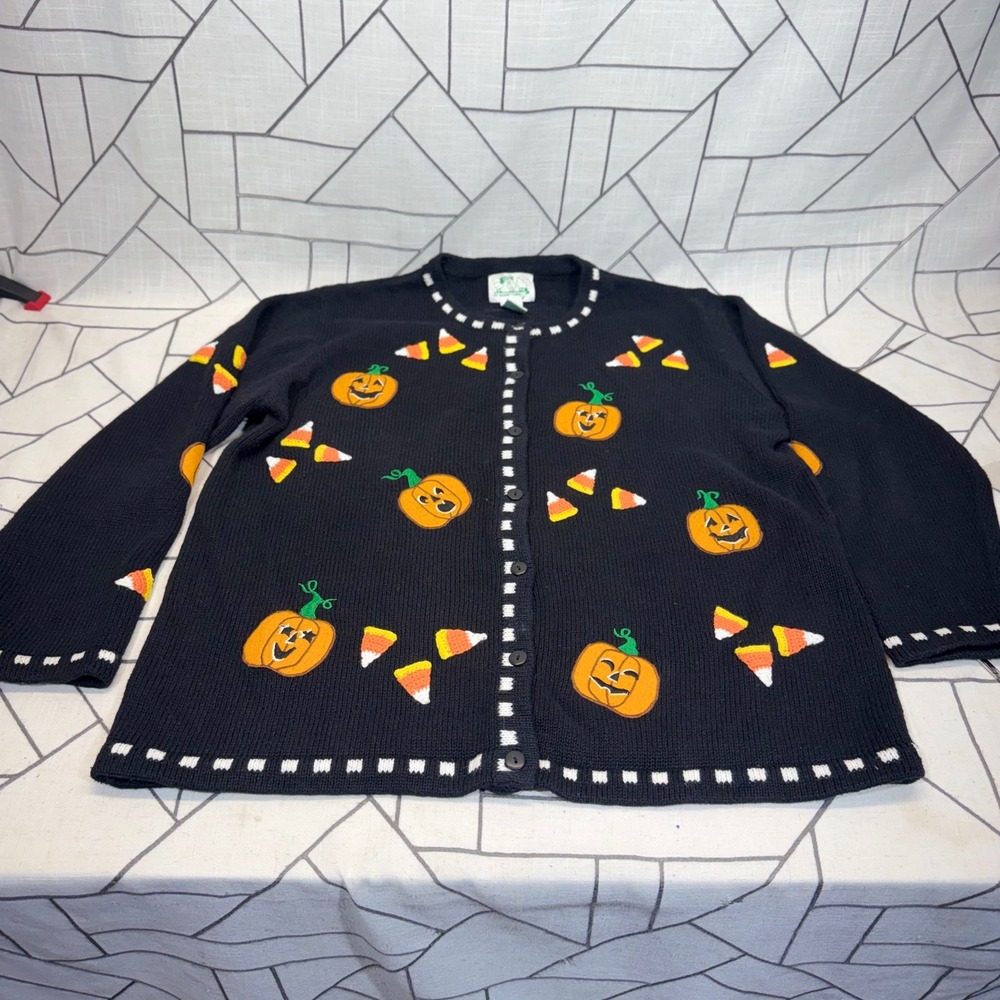 Quacker Factory Cardigan Sweater Large Black Halloween Pumpkin Candy Corn Knit